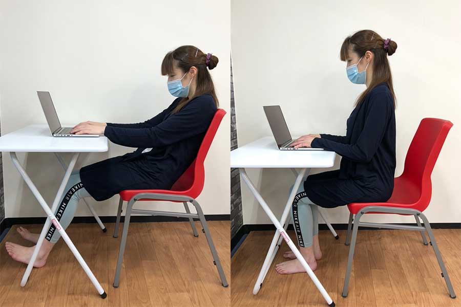 不調を起こしやすい座り姿勢（左）、良い姿勢（右）【写真：Hint-Pot編集部】