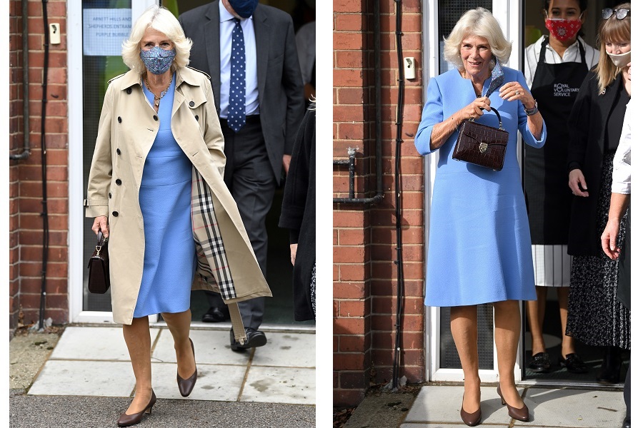 左はコートの裏地の「バーバリーチェック」がちらり。新しい花柄マスクも。右は鮮やかなブルーのドレス姿。ブラウンのレザーハンドバッグも小ぶりで上品【写真：Getty Images】