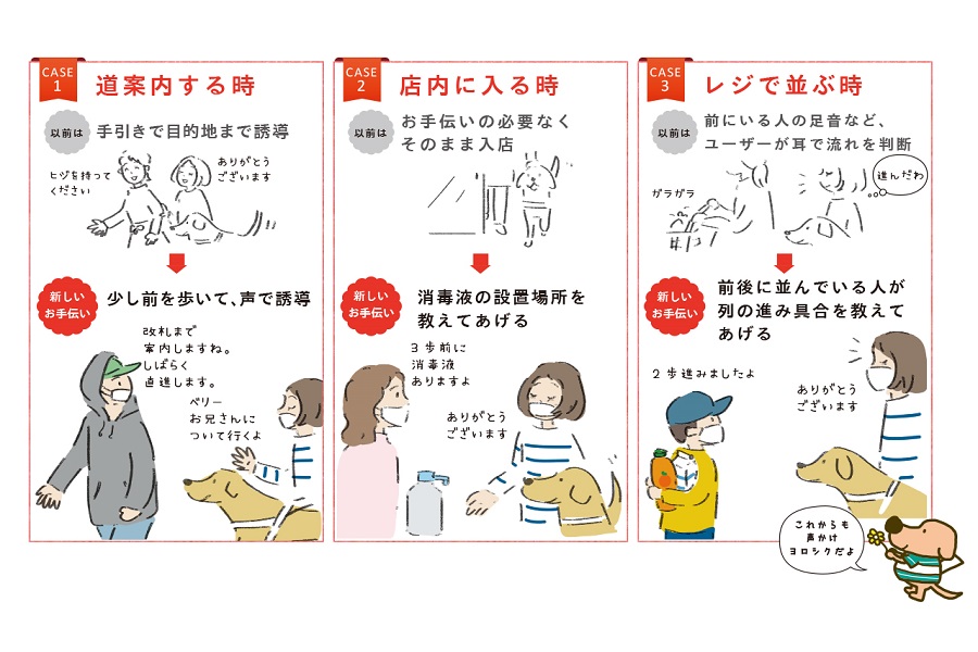 盲導犬総合支援センターが公開した「新しい声かけ方法」のイラスト全体【絵：セツサチアキ（@setsusachiaki）さん】