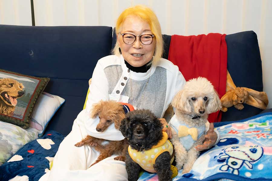 3匹の愛犬たちに囲まれ笑顔の庄司陽子さん【写真：荒川祐史】