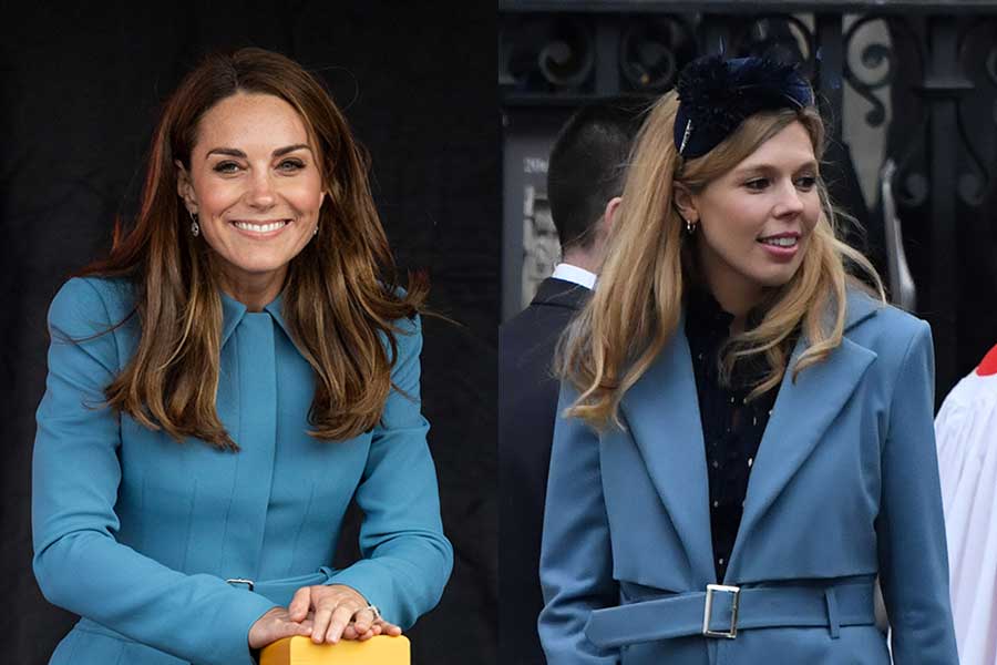 （左）2019年9月「アレキサンダー・マックイーン」のドレスコートを着たキャサリン妃 / （右）2020年の「コモンウェルス・デー」でのキャリー夫人【写真：Getty Images】