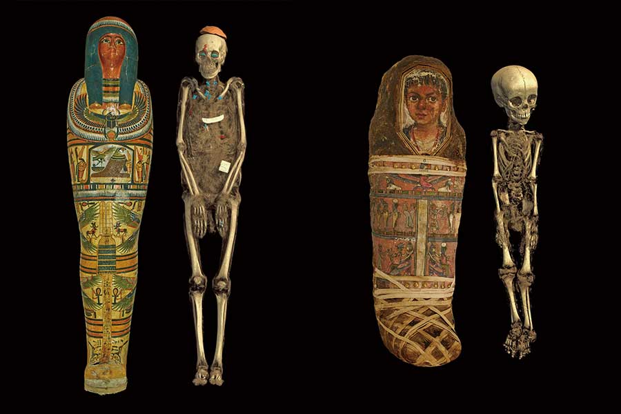 「カルトナージュ棺に納められたネスペルエンネブウのミイラ（前800年頃）」と「子どものミイラ（後40～後55年頃）」。右側がCTスキャン画像から作成した3次元構築画像。大英博物館蔵（c）The Trustees of the British Museum