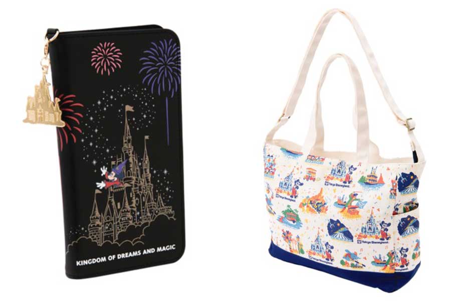 （左から）シンデレラ城のチャームが付いたスマートフォンケース（3600円）と、土産用紙袋の絵柄が使用された2WAY仕様のトートバッグ（4600円。高さ約31×幅約49×マチ約13cm）（c）Disney