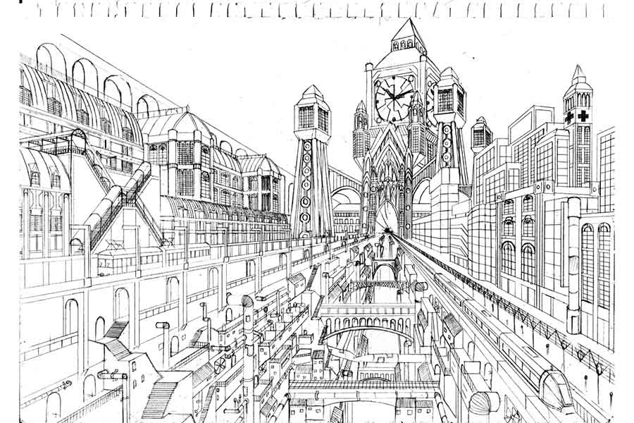 架空の都市を描いた中学時代の作品【画像提供：ハンカチ（@koutyakizoku）さん】