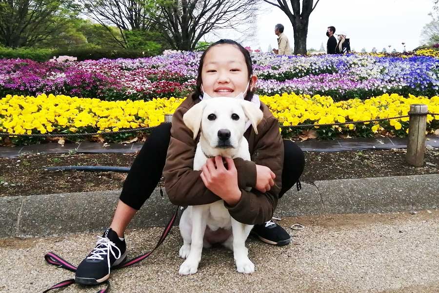 まん丸な大きな瞳が愛らしいジェニーと次女の叶海ちゃん【写真提供：日本盲導犬協会】