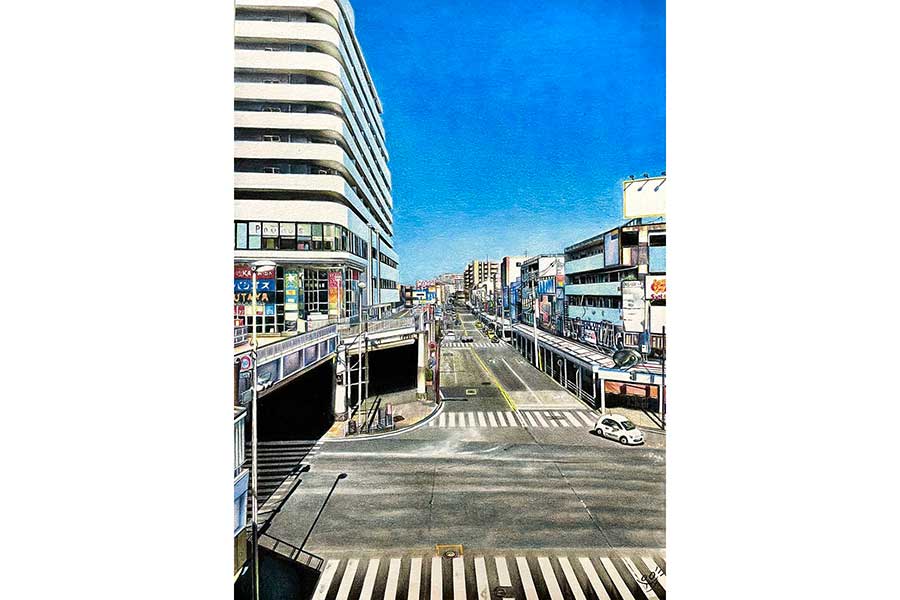 色鉛筆5色で描いた街の風景画【画像提供：yune（ユネ）@色鉛筆画（@negi24155224）さん】