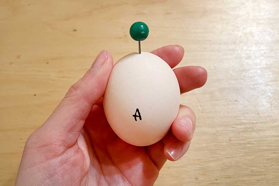 画びょうで卵に穴を開ける【写真：Hint-Pot編集部】