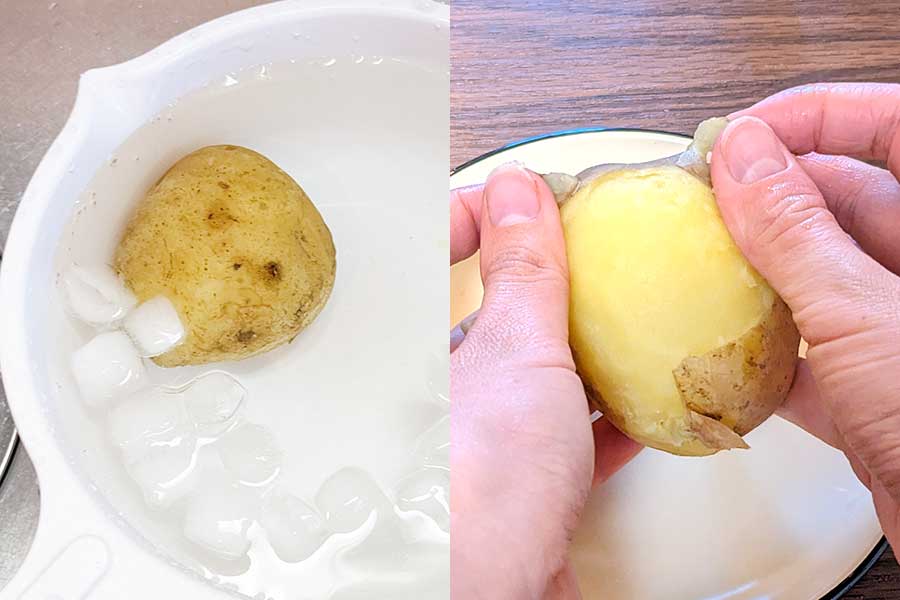 加熱したジャガイモを氷水で冷やし（左）、手で皮をむく（右）【写真：Hint-Pot編集部】
