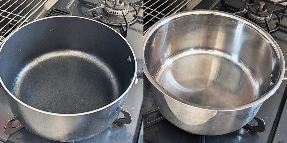 洗った後のテフロン鍋（左）とアルミ鍋【写真：Hint-Pot編集部】