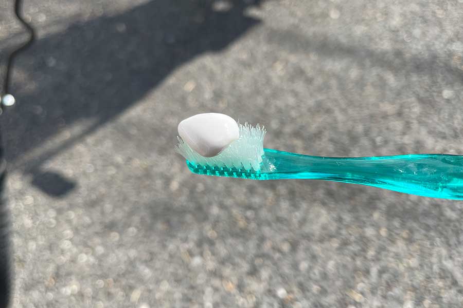 歯ブラシに歯磨き粉をつける【写真：Hint-Pot編集部】
