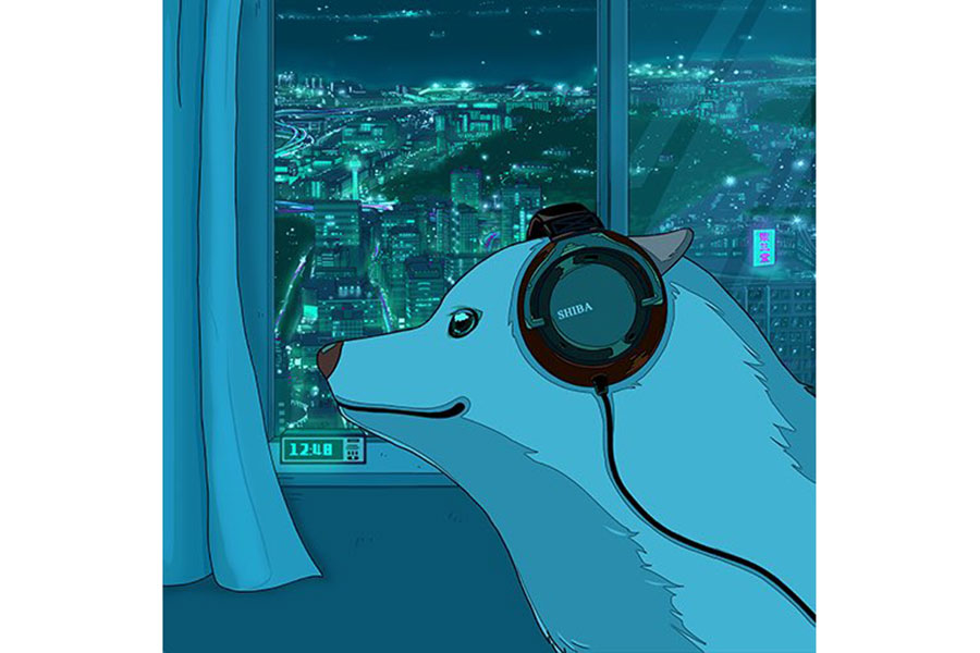 かっこよさが際立つ、音楽に聴き入る夜景をバックにした柴犬のイラスト【画像提供：柴三堂@柴犬絵描き人（@shibamidoo）さん】