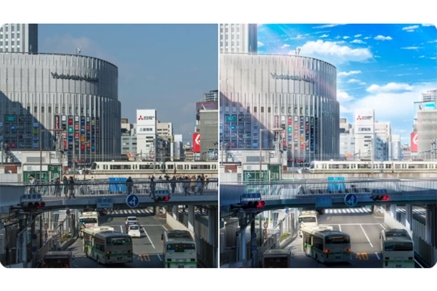 写真とイラスト、2枚並んだ大阪・梅田駅前の風景【写真：ハンカチ（@koutyakizoku）さん提供】