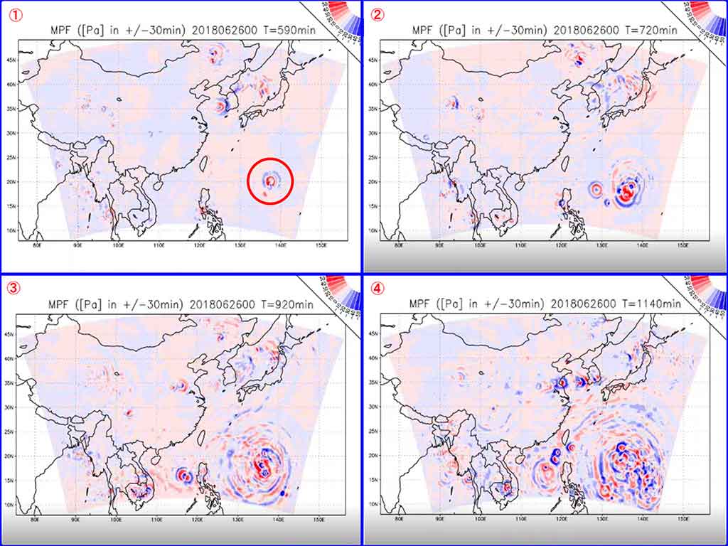 遠く離れた赤い円内で発生した台風の影響で、さざ波のように気圧の変化が押し寄せる「微気圧変動」【画像提供：ウェザーニューズ】