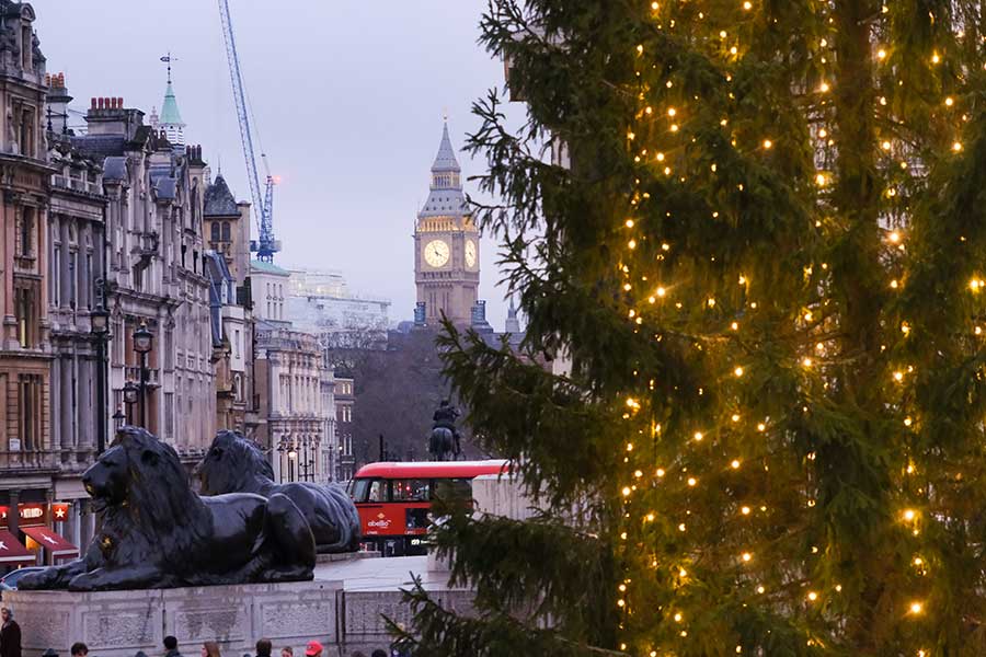 英ロンドンのトラファルガー広場にあるクリスマスツリー。奥にはビッグ・ベンが【写真：Getty Images】