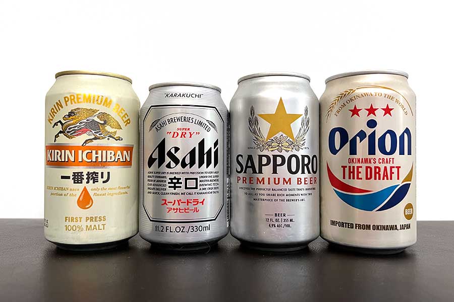 検証に試飲した、日本人にはなじみ深い日本の缶ビール4本【写真：荒木優里】