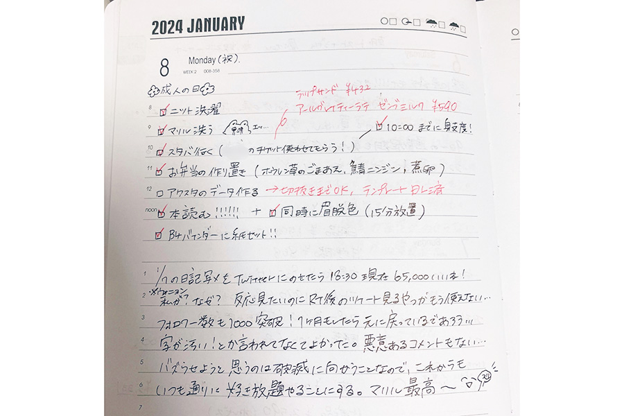 1月の目標「日記を毎日書く」は、今も継続中。ToDoなども記載され、日々の記録としても役立ちそう【写真提供：めじ（@osoreooideath）さん】