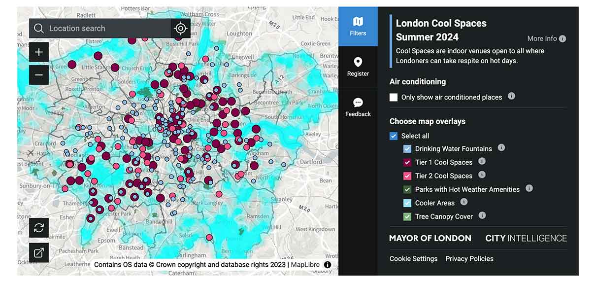 ロンドン市が公開している「Cool spaces」のマップ（画像はスクリーンショット）