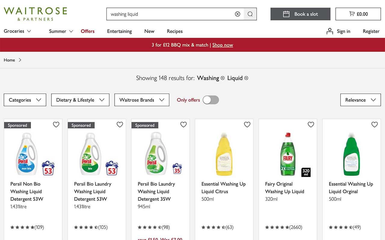 スーパーマーケットのWAITROSEで見つかる洗剤一覧。「bio」と「non bio」があるのがわかる（画像はスクリーンショット）