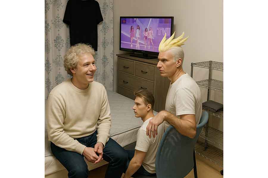 擬人化された（左から）ミルクとあめくん。間には、いないはずのもうひとりの姿が【写真提供：ダンシングオウムと監視犬（@vivi_milk_ame）さん】