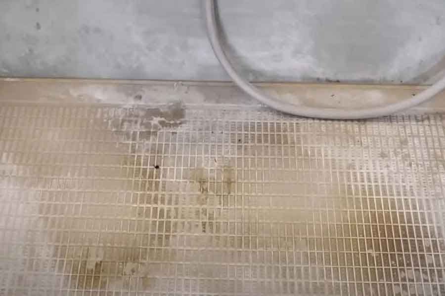 黒い汚れがこびりついた浴室の床（スクリーンショット）