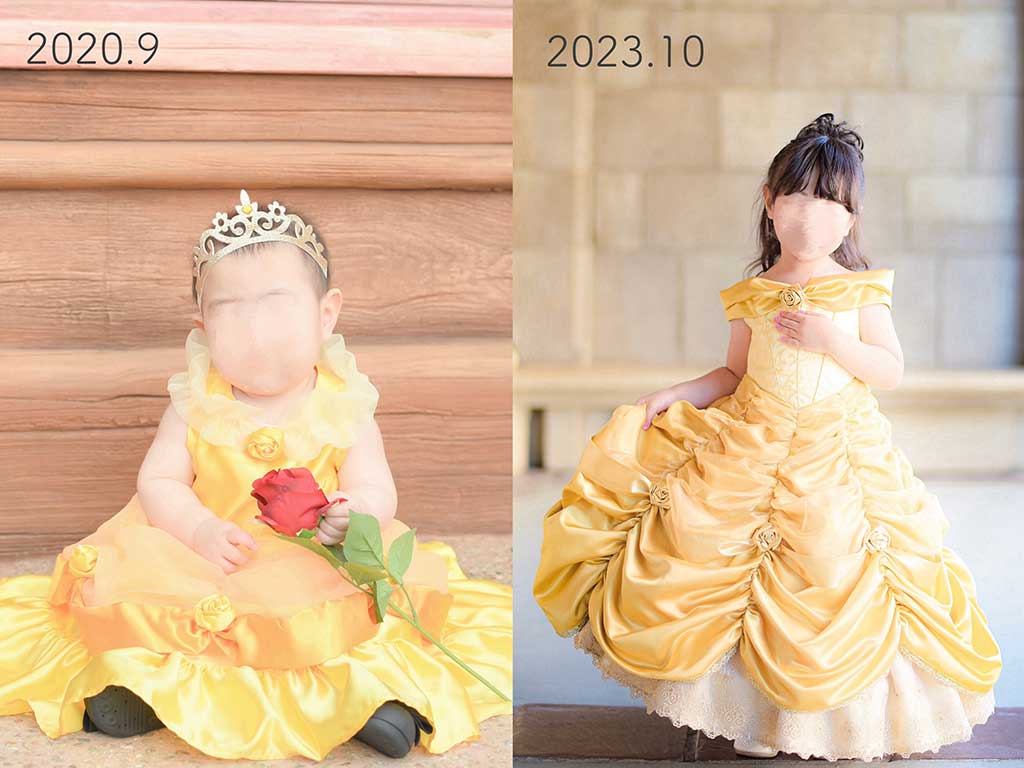 ベルのドレスを着た娘さんの成長比較【写真提供：あしゅ（@yukytp40209）さん】
