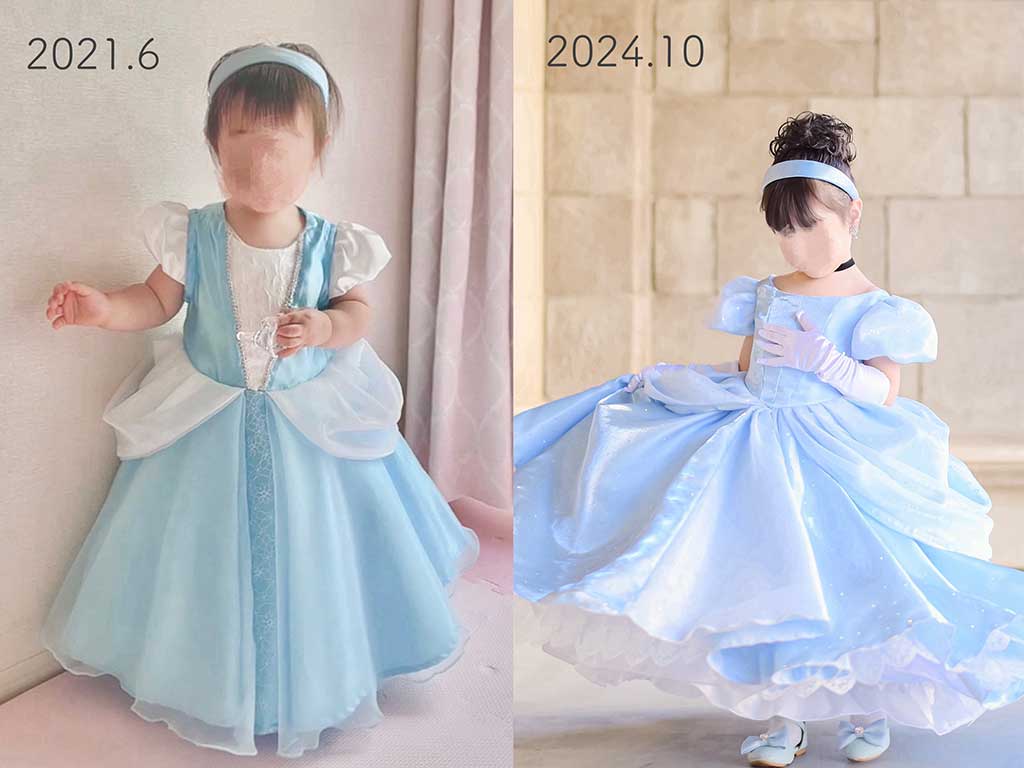 シンデレラ風ドレスを着た娘さんの成長比較【写真提供：あしゅ（@yukytp40209）さん】