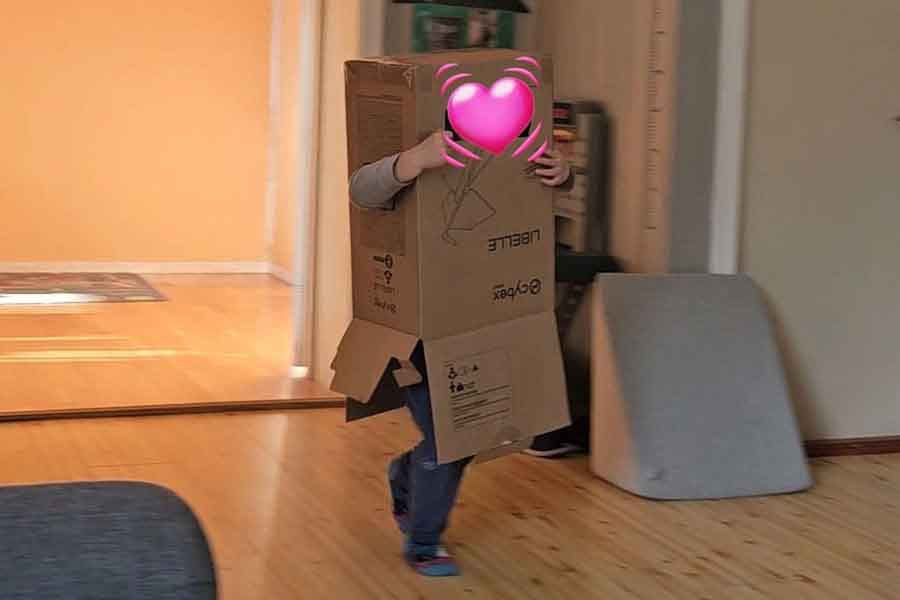 ベビーカーが入っていた段ボールを被って遊ぶ長男【写真提供：Kazu.net@norway（@WalkingtheNorth）さん】