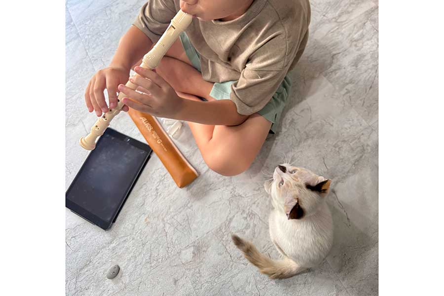 息子さんが吹くリコーダーの音色を聞きに来たまめだいふくちゃん【写真提供：なみそKEN/書籍重版！感謝（@omochi_nam01）さん】