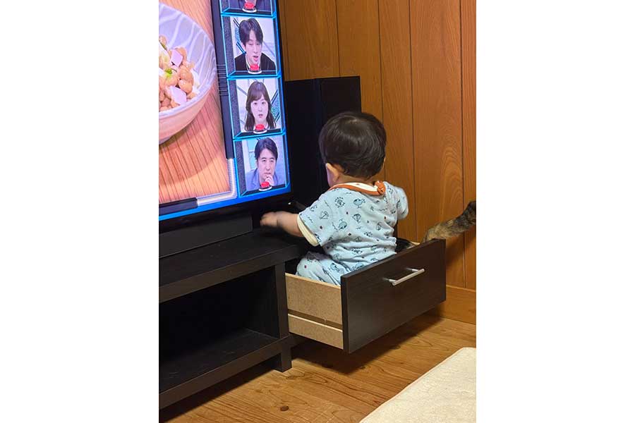 テレビの引き出しにすっぽり収まる息子さんと、せなちゃん【写真提供：いのり（@dzdz_az）さん】