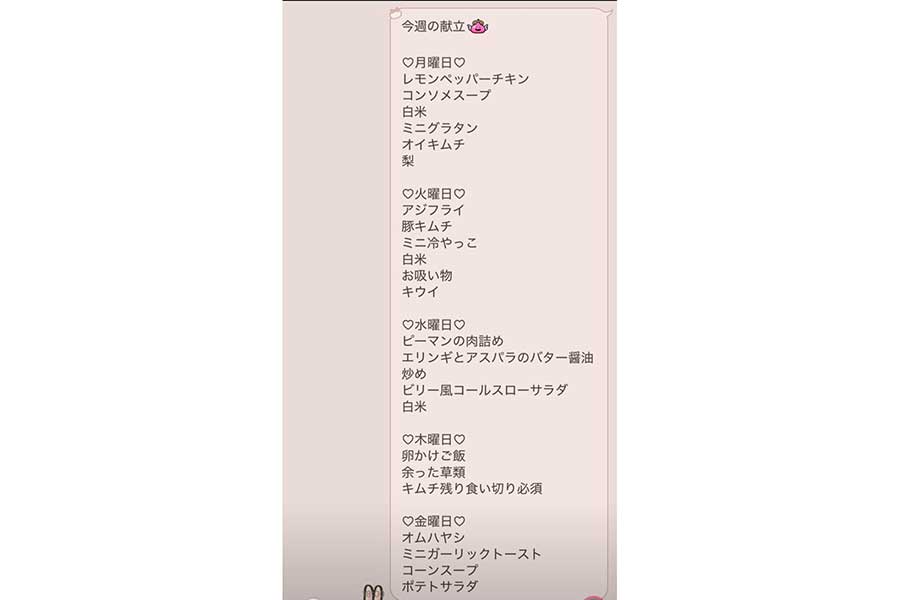 送られてきた画像には、献立のメニューがびっしり【画像提供:ギガデ医ン(@Kazupoyo15)さん】