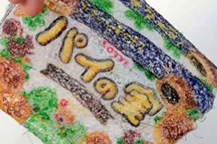 菅野さんが糸だけで作った「パイの実」のパッケージ（スクリーンショット）