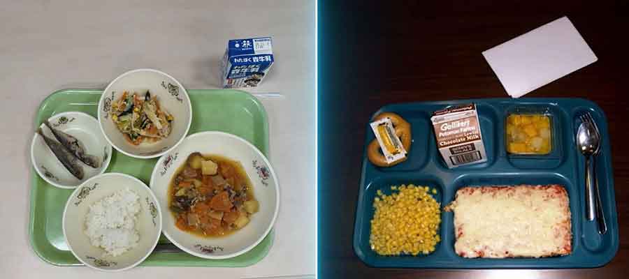 ジェイソンさんとリネルさんが食べた学校給食（左）と、アメリカの給食（右）（スクリーンショット）
