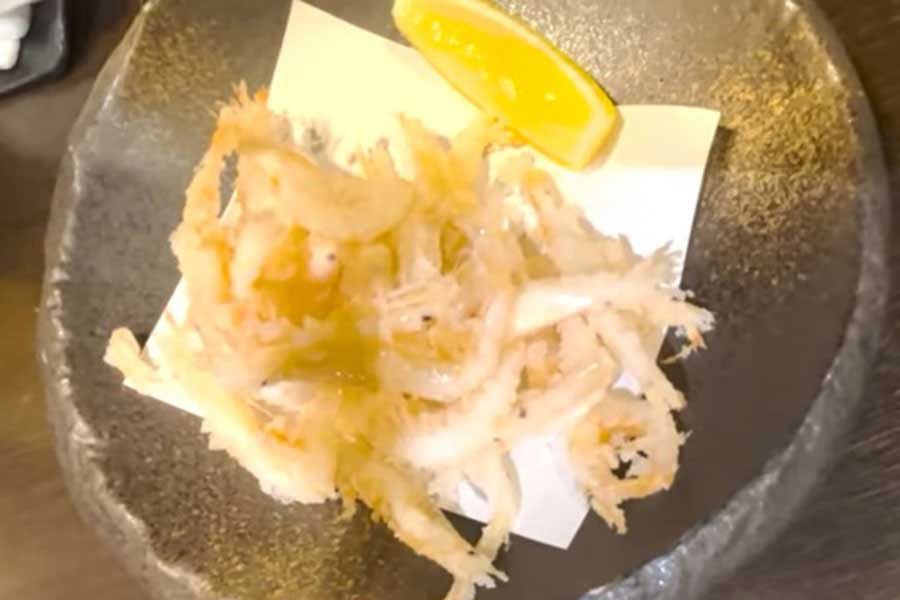 白エビの揚げ物に仰天！【出典：YouTube「日本食冒険記Tokyo Food Adventures」よりスクリーンショット】