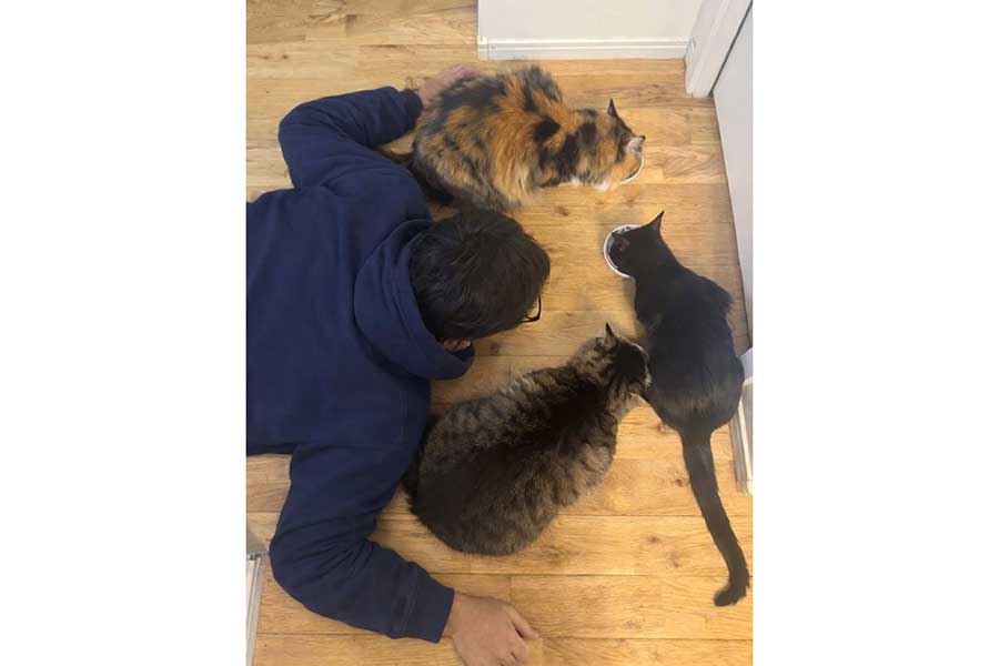 床に這いつくばって、ねこの咀嚼音を聞こうとしている配偶者さん【写真提供：キャンドルバロ 特別な日に贈るキャンドル（candle_baro）さん】