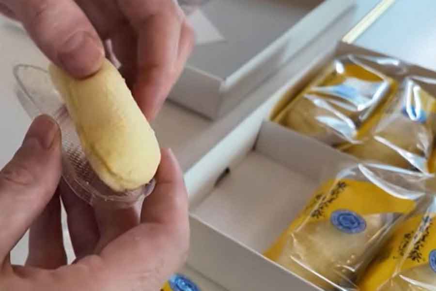 「東京ばな奈」を試食し、大絶賛【出典：YouTubeチャンネル「Bebechan - 日本のフランス人」よりスクリーンショット】