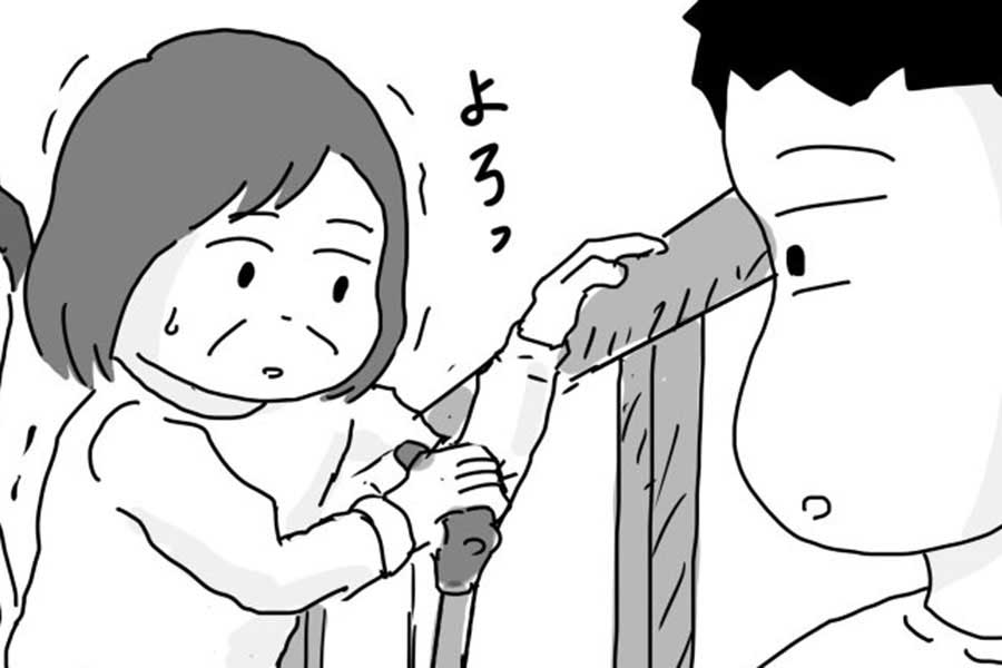 漫画のワンシーン。階段を上るのがつらそうな母を見て、胸の奥がきゅっと締めつけられた主人公【画像提供:まるいがんも(@kenihare)さん】