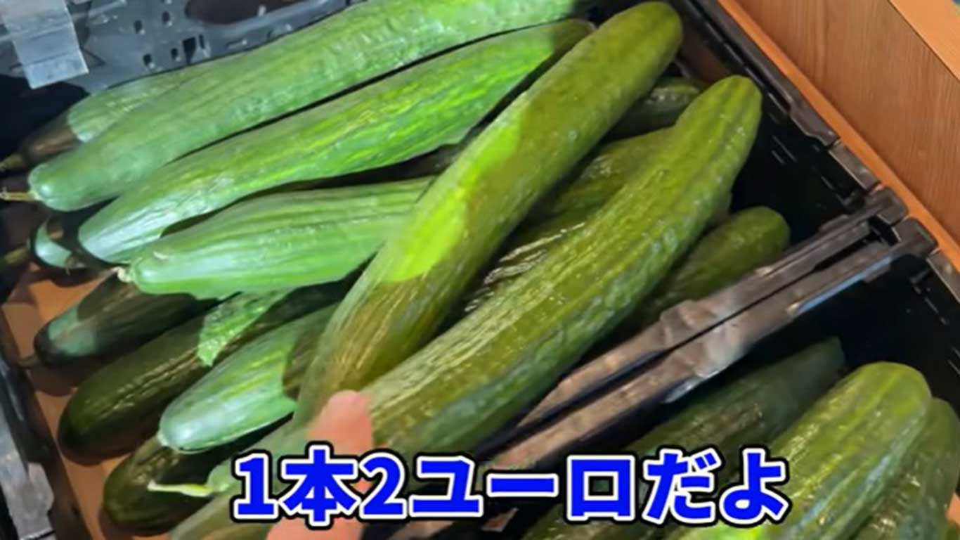 ドイツのスーパーで売っていたキュウリの価格に衝撃【出典：YouTube「LTブログ」よりスクリーンショット】