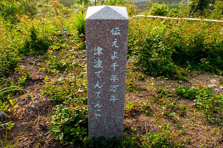 宮城県南三陸町志津川の「海の見える命の森」に立てられた「津波てんでんこ」の石碑【写真:PIXTA】