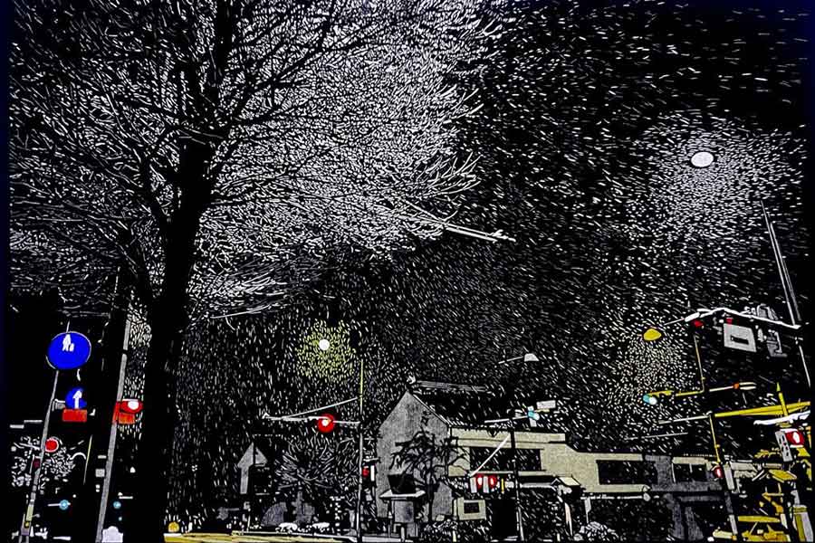 街灯に照らされる雪景色も切り絵で美しく表現【写真提供：切り絵作家 斉藤洋樹（@kiriehiro）さん】
