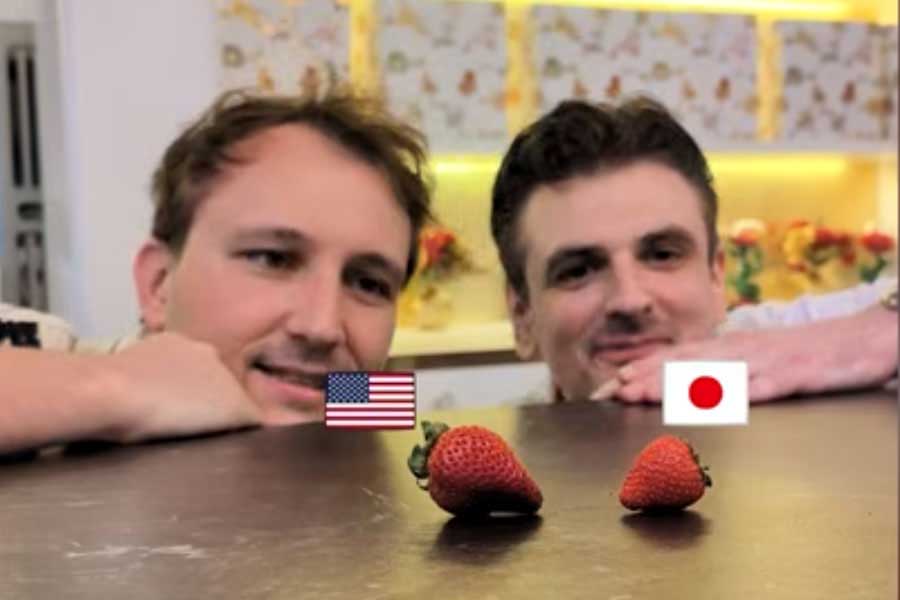 アメリカ産と日本産のイチゴを食べ比べ【出典：YouTube「Bebechan - 日本のフランス人」よりスクリーンショット】