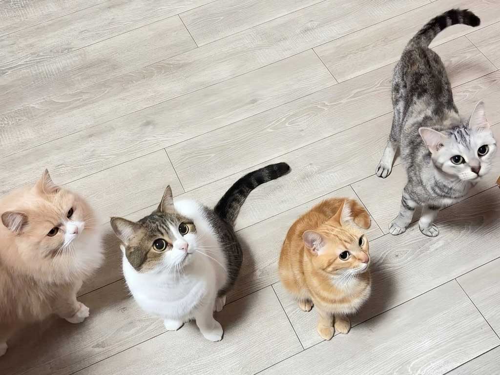 飼い主さんと暮らす（左から）ニコちゃん、こたろう先生、トロちゃん、わさび姐さん【写真提供：ニコちゃんとこたろう先生とトロとわさび姐さん（@nikoandkotatoro）さん】