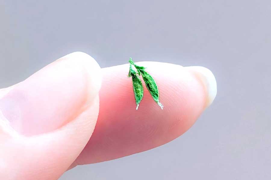 刺繍糸を固めて作ったサヤエンドウ【写真提供:テテシゴト・ミニチュア刺繍糸作家(@tete_shigoto)さん】