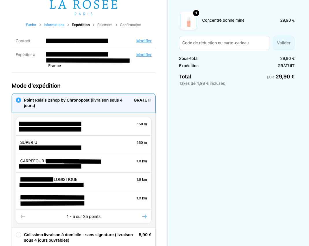 フランスでは、無料なのはポイント・リレーへの配送のみ。実際のスキンケアブランドのオンラインショッピング画面【画像提供：Moyo】