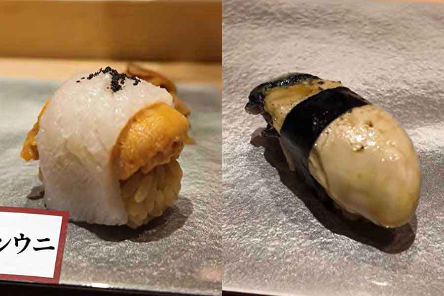 日本の寿司を食べた結果、ウニとカキのおいしさに大喜び【出典：YouTube「Bebechan - 日本のフランス人」よりスクリーンショット】