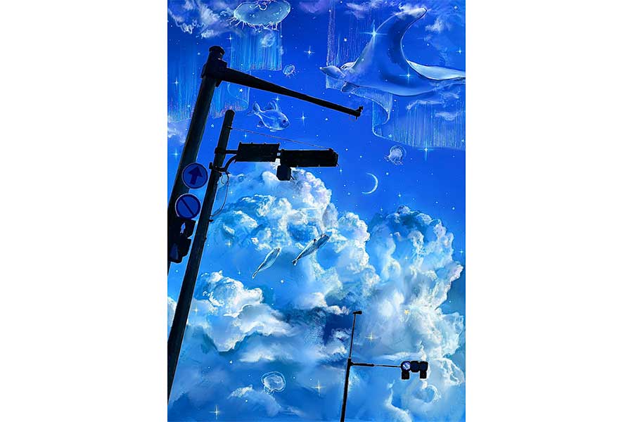 「雲の上の水族館」。ブルーが印象的なyasさんの作品【出典：X（@0_skyblue）よりスクリーンショット】